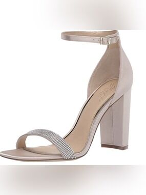 Jewel Badgley Mischka Buff Ankle-Strap Block Heel Sandals w/ Rhinestone - Sz 5.5